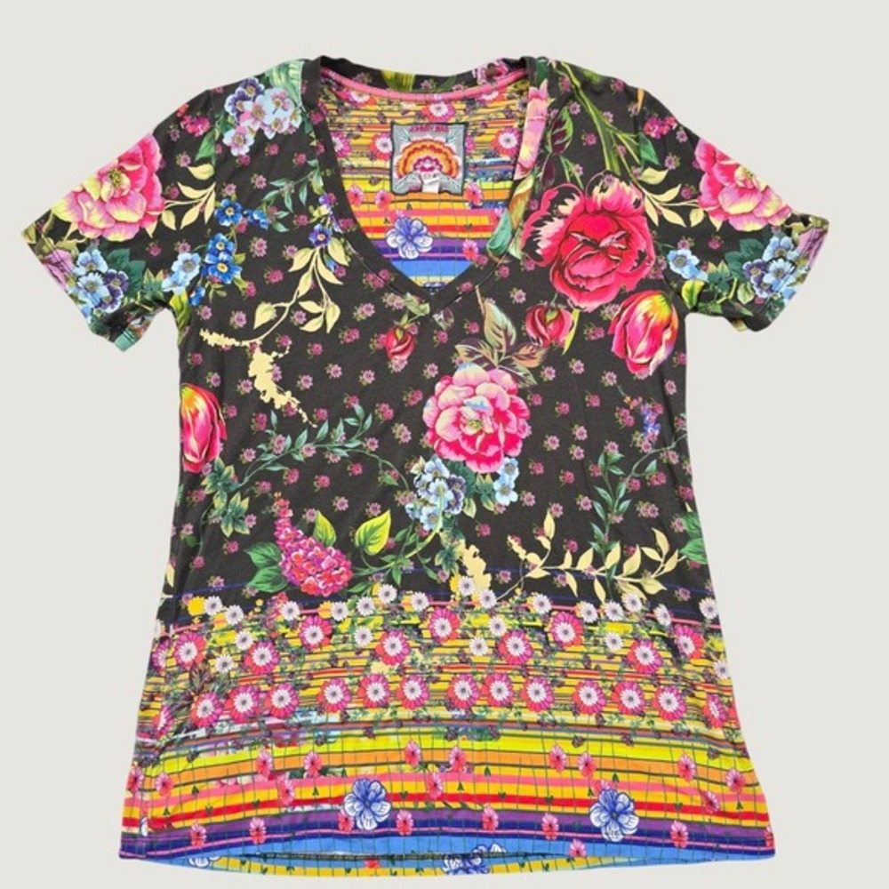 Johnny Was‎ Floral V-Neck Top Womens XS Black Bamboo Spandex Boho Maximalist
